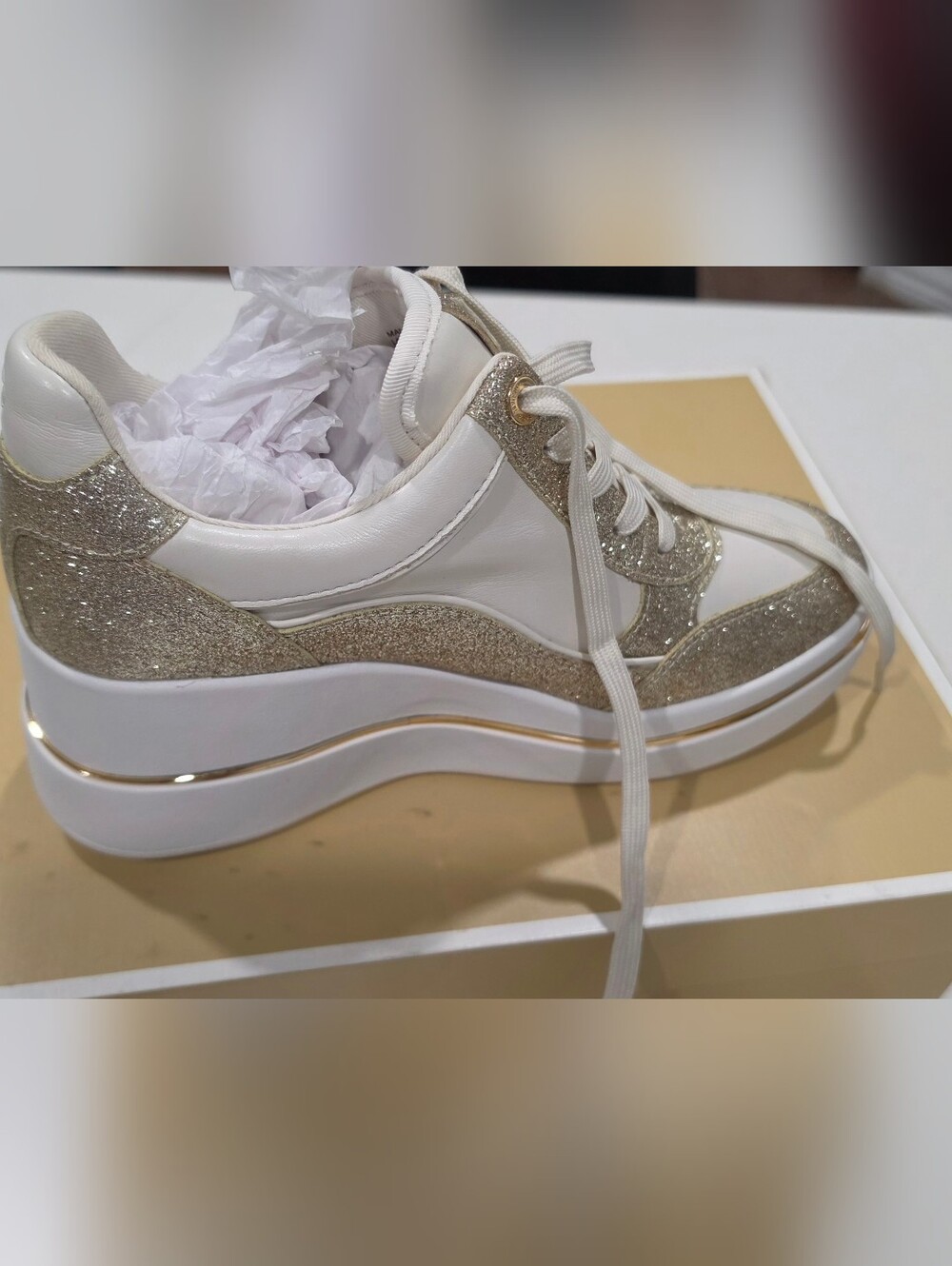 Michael Kors Emmy Wedge Trainer Glitter Leather White & Gold